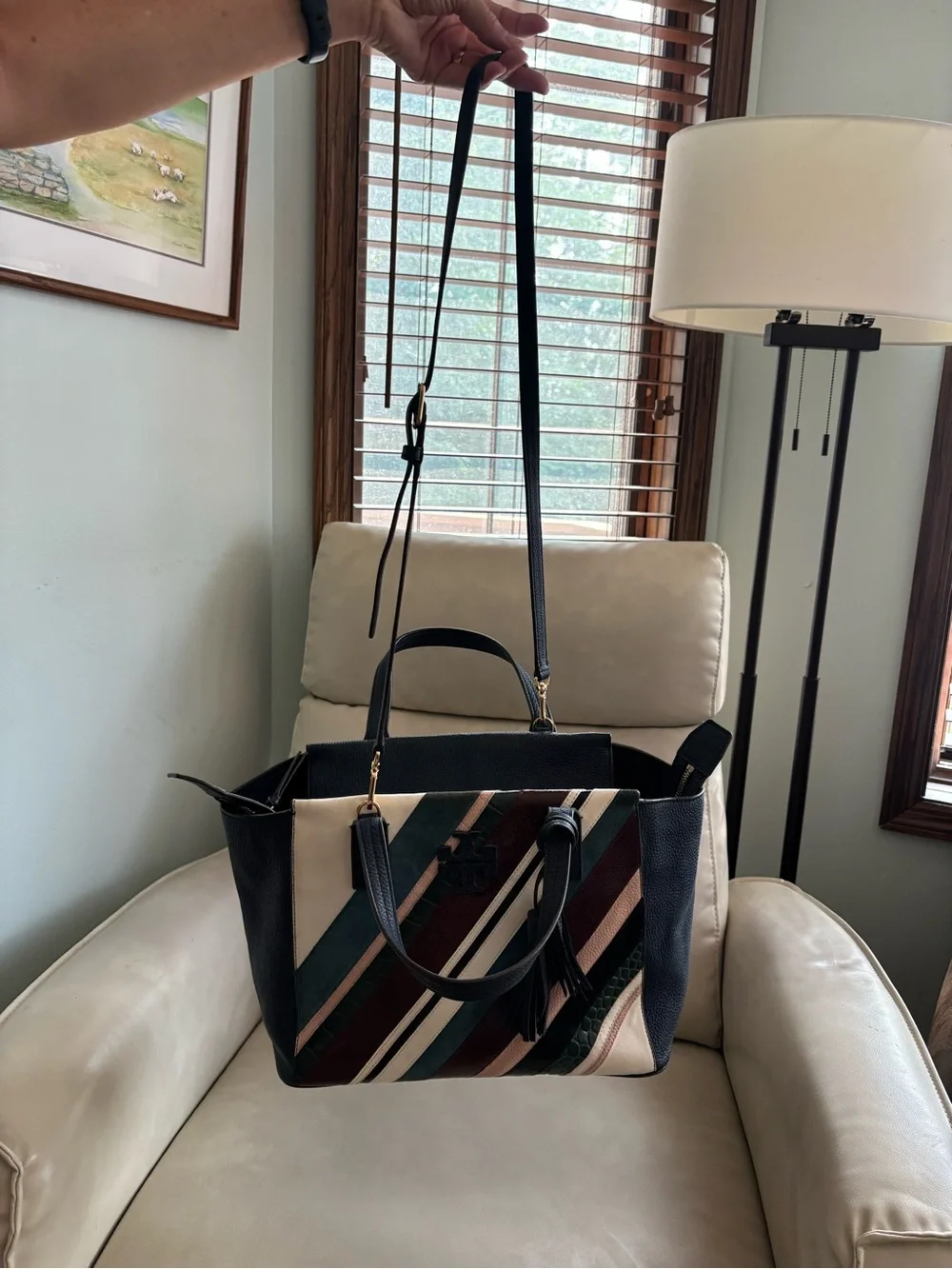 Tory Burch Striped Leather Crossbody Satchel - Navy, Cream, Pink & Burgundy